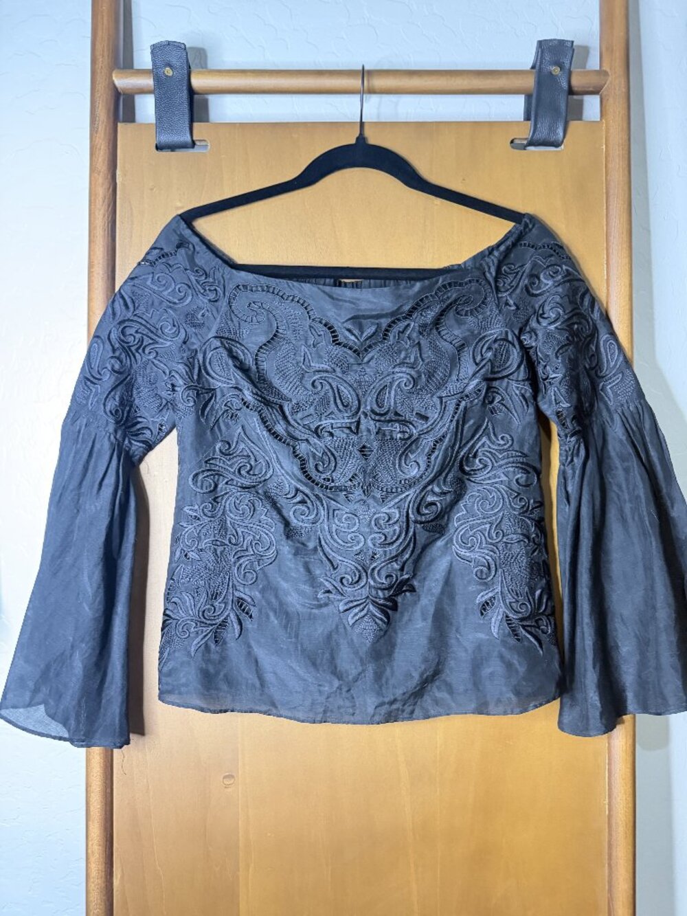 INTERMIX Charcoal Tonal Embroidered Off-Shoulder Bell-Sleeve Top, P